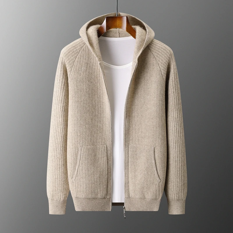 

Men Autumn Winter Hooded Zipper Cardigan Sweater Thick Warm Knitted Wool Jacket Man 100% Merino Wool Sweater Casual Top Coat