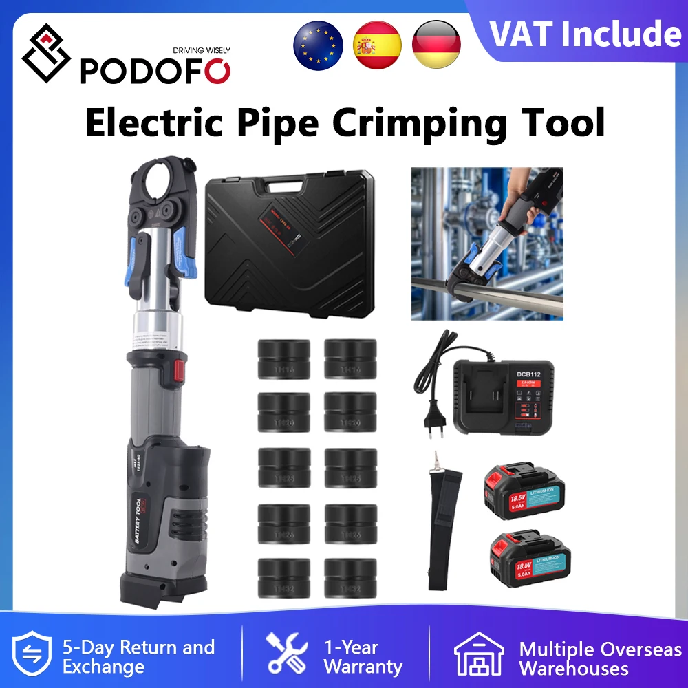 Podofo Kit d'outils de sertissage de tuyaux électriques, outil de pressage pour TH16/20/25/26/32mm + U16/20/25/32mm avec mâchoires de presse, batterie 5Ah, chargeur