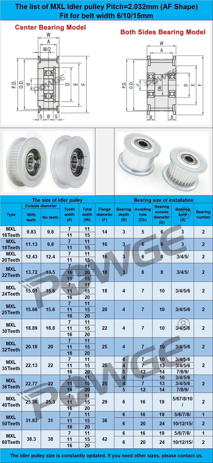 POWGE Trapezoidal 30 32 35 36 Teeth MXL Idler Timing Pulley Bearing Bore 3/4/5/6/7/8mm for Belt Width 6/10/15mm 30T 32T 35T 36T