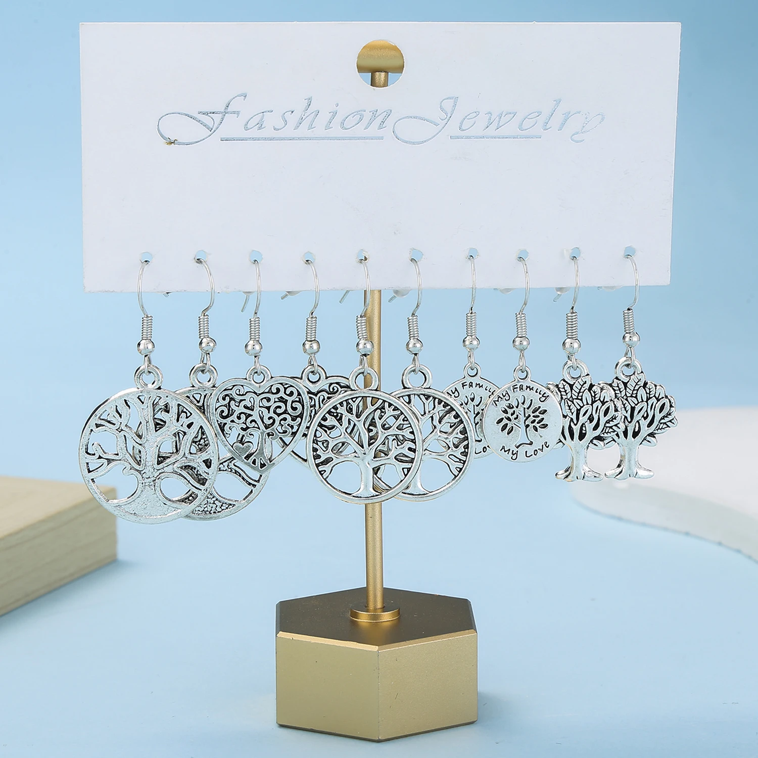 Pendientes colgantes de amor de árbol de la vida de aleación plateada antigua, joyería de dijes elegantes de moda, regalos exquisitos para mujeres, 5 pares