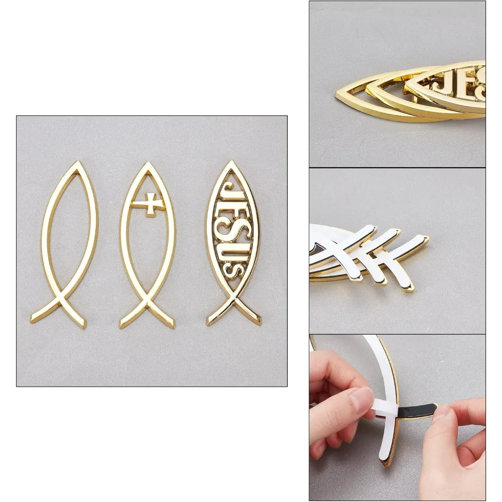 3 Styles Gold Stickers Jesus Christ Fish and Cross Self-Adhesive Metal Optic Decal Badge Emblem for Car Window Making Kit