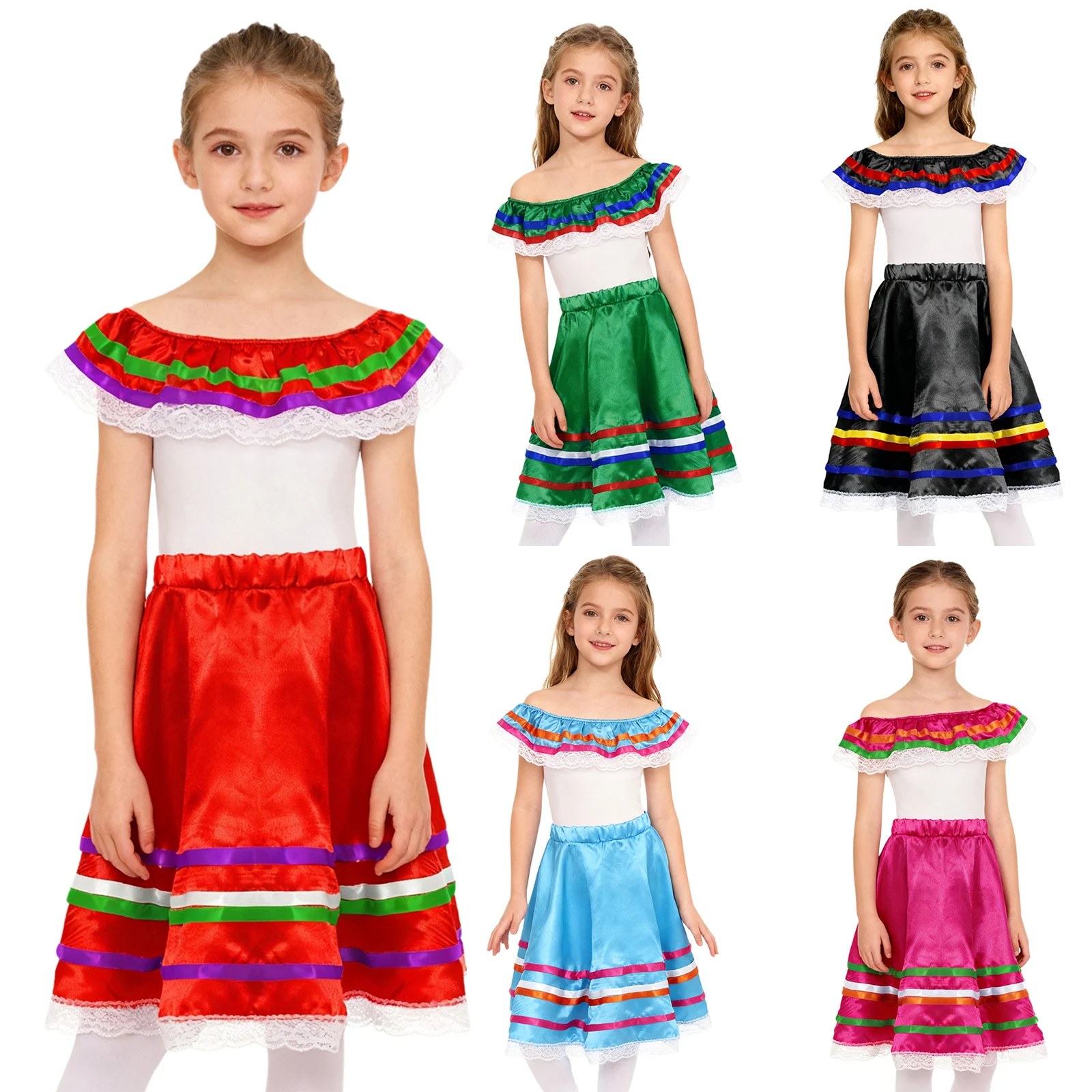فستان رقص الفلامنكو المكسيكي مكون من قطعتين للفتيات الصغيرات مع مجموعة تنورة لملابس الأداء المسرحي للأنشطة المكسيكية