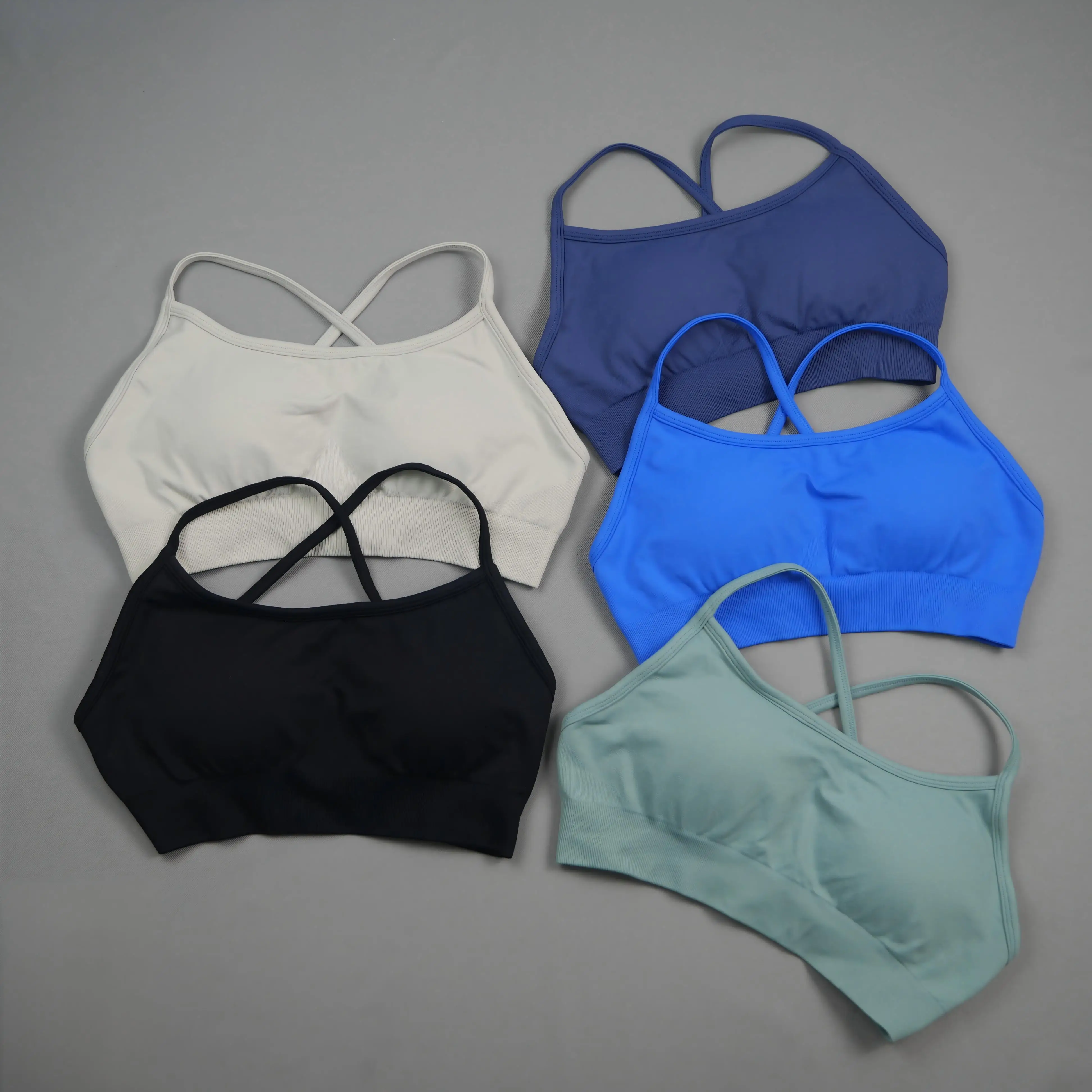Women Thin Strap Cross Back Seamless Sports Bra Yoga Gym Workout Top with Removable Pads