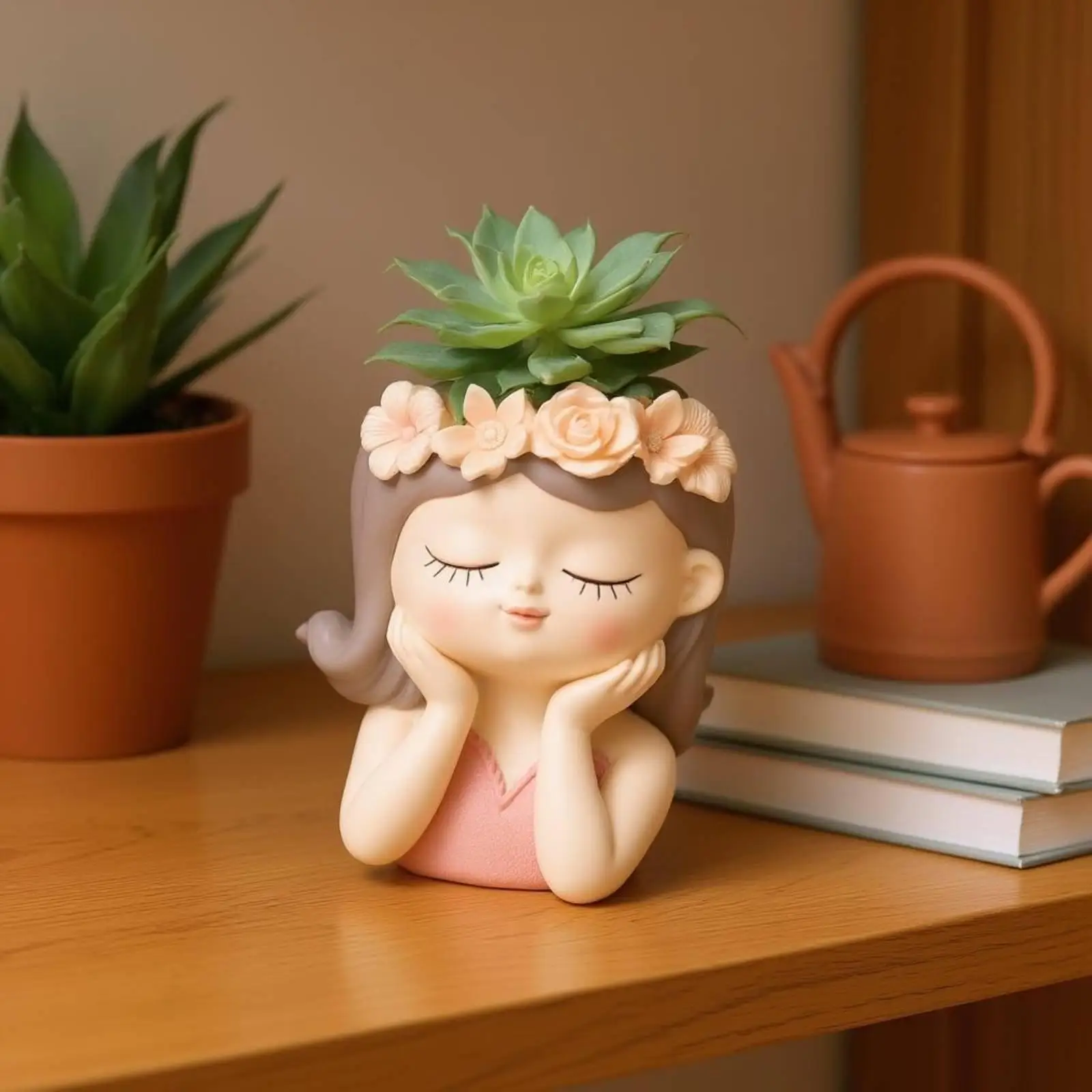 Decorative Resin Head Flowerpot for Succulents Cactus with Calm Face and Floral Crown