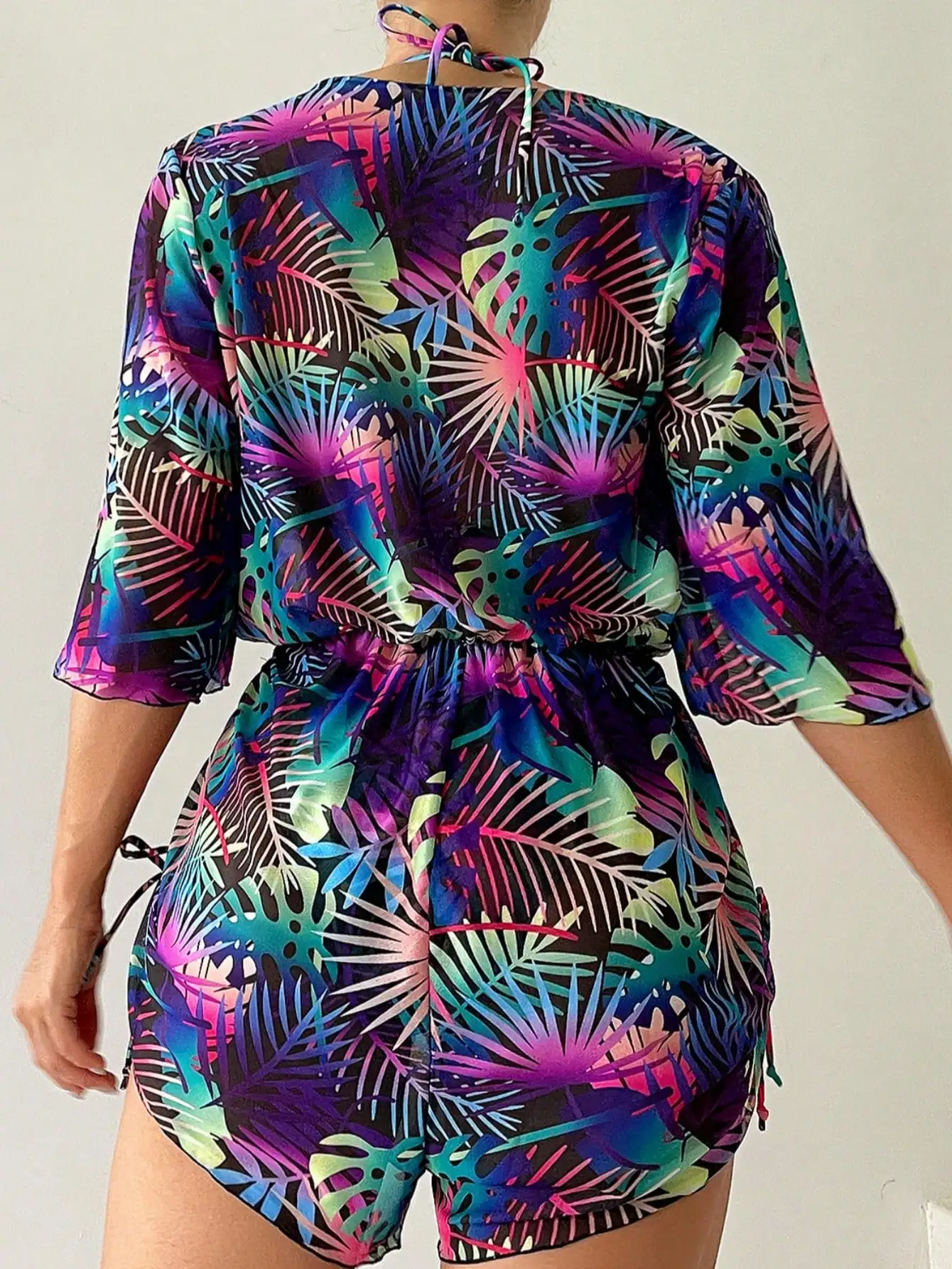 

Женский комплект бикини из 3 предметов с ярким принтом тропических листьев и съемным парео для пляжного отдыха