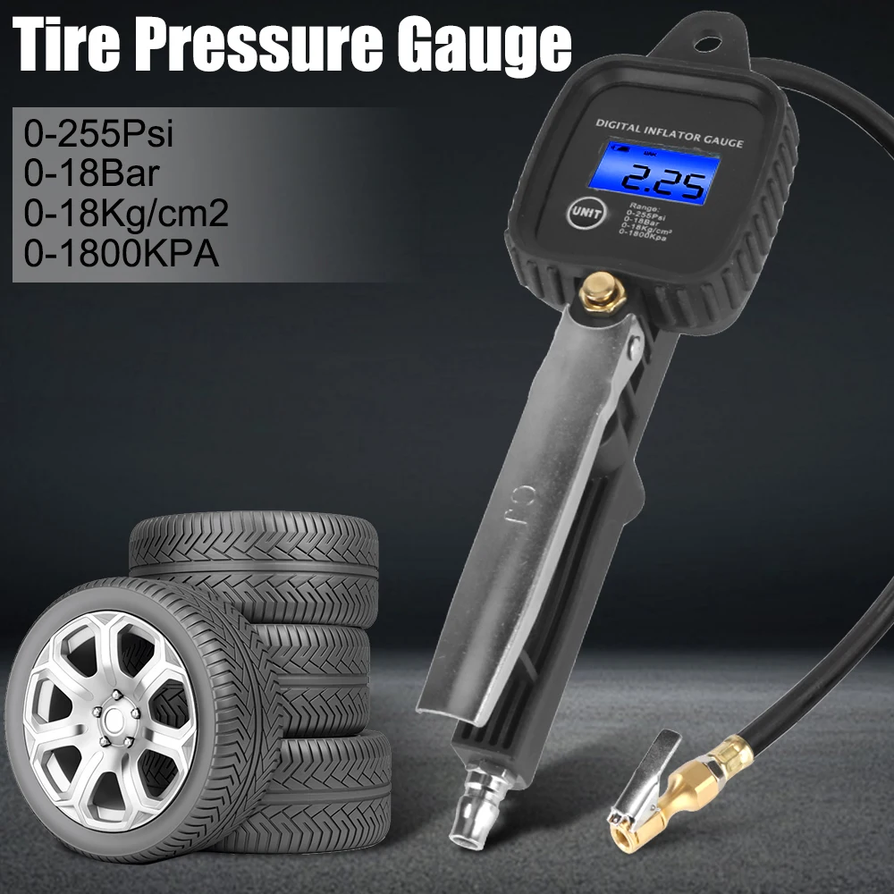 Manómetro de presión de neumáticos de coche con manguera infladora, medidor de inflado Digital, pistola de inflado de monitoreo de alta precisión