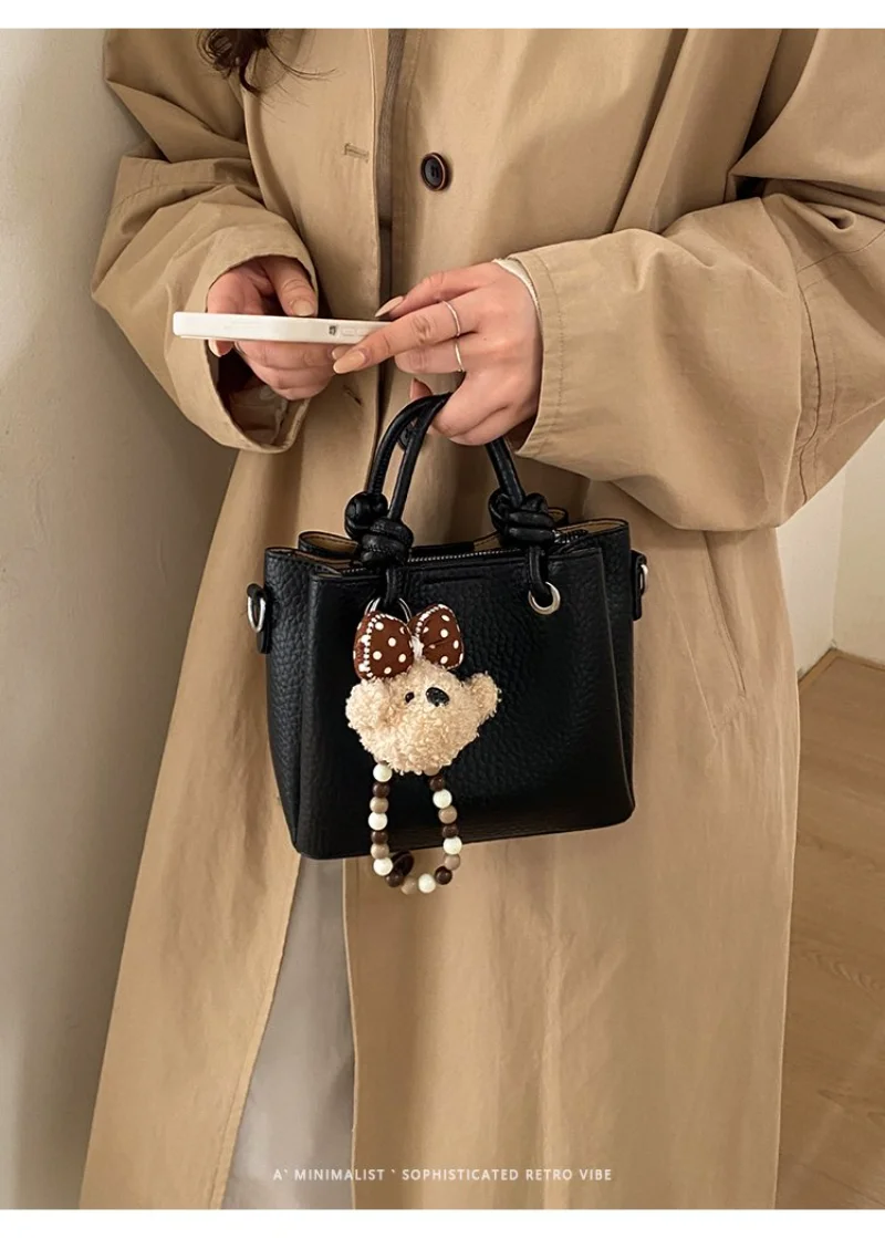 Light Beige Mini Bucket Bag with Knotted Handle, Women's Casual Faux Leather Crossbody Purse with Detachable Strap Clutch Bag view 4
