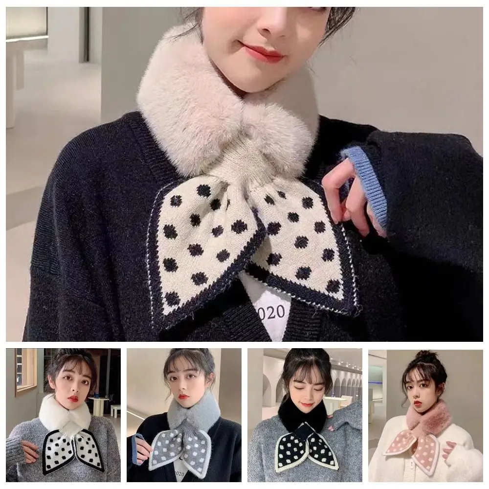 Fashion Wave Point Cross Bib Bowknot Solid Color Rabbit Fur Neck Scarf Shawl Korean Style Plush Neck Warmer Female/Girls