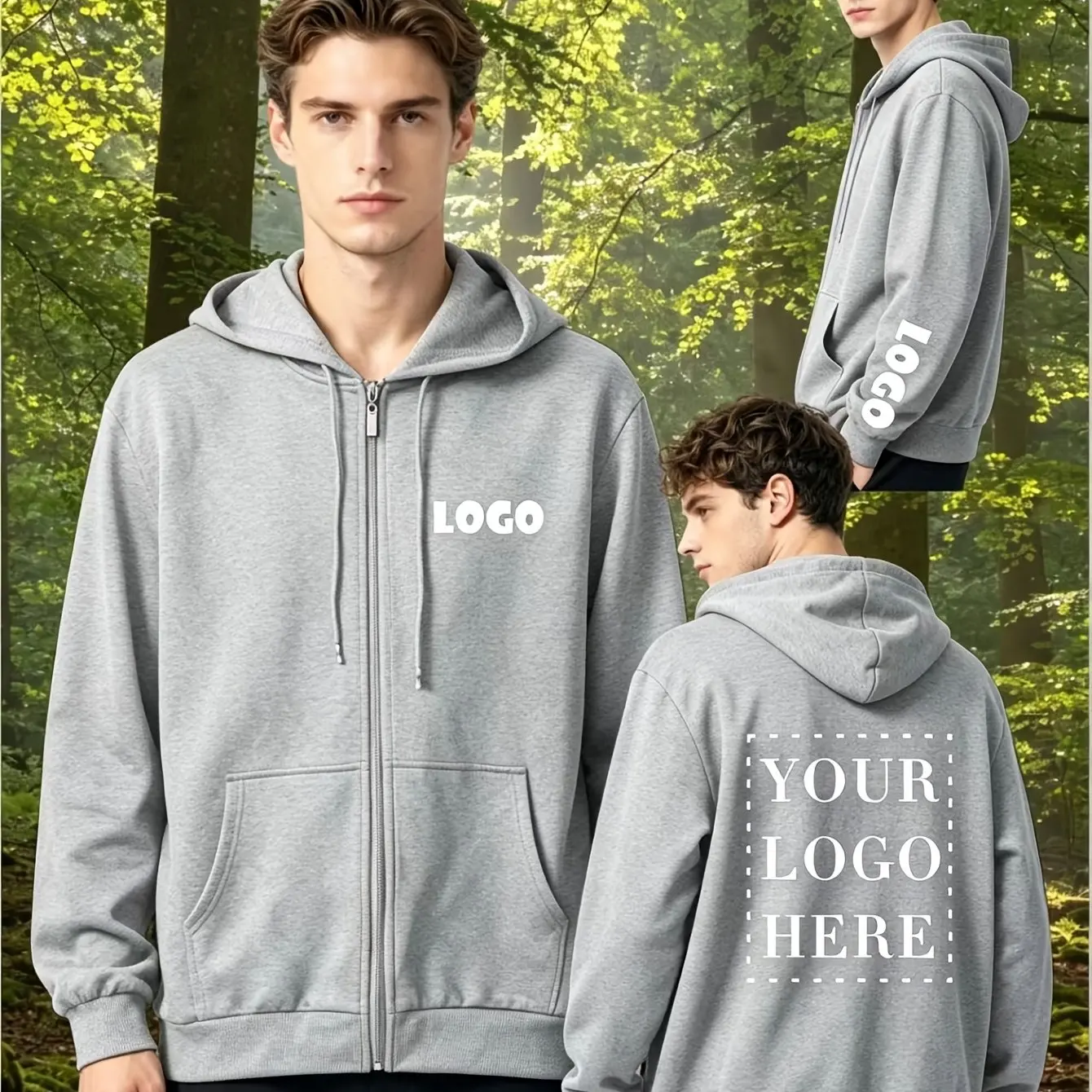 DIY Personalisierbarer Hoodie mit Ihrem Markenlogo für Damen und Herren, Einfarbiger Reißverschluss-Sweatshirt im Street-Style, Individuelles Geschenk – Detail 1