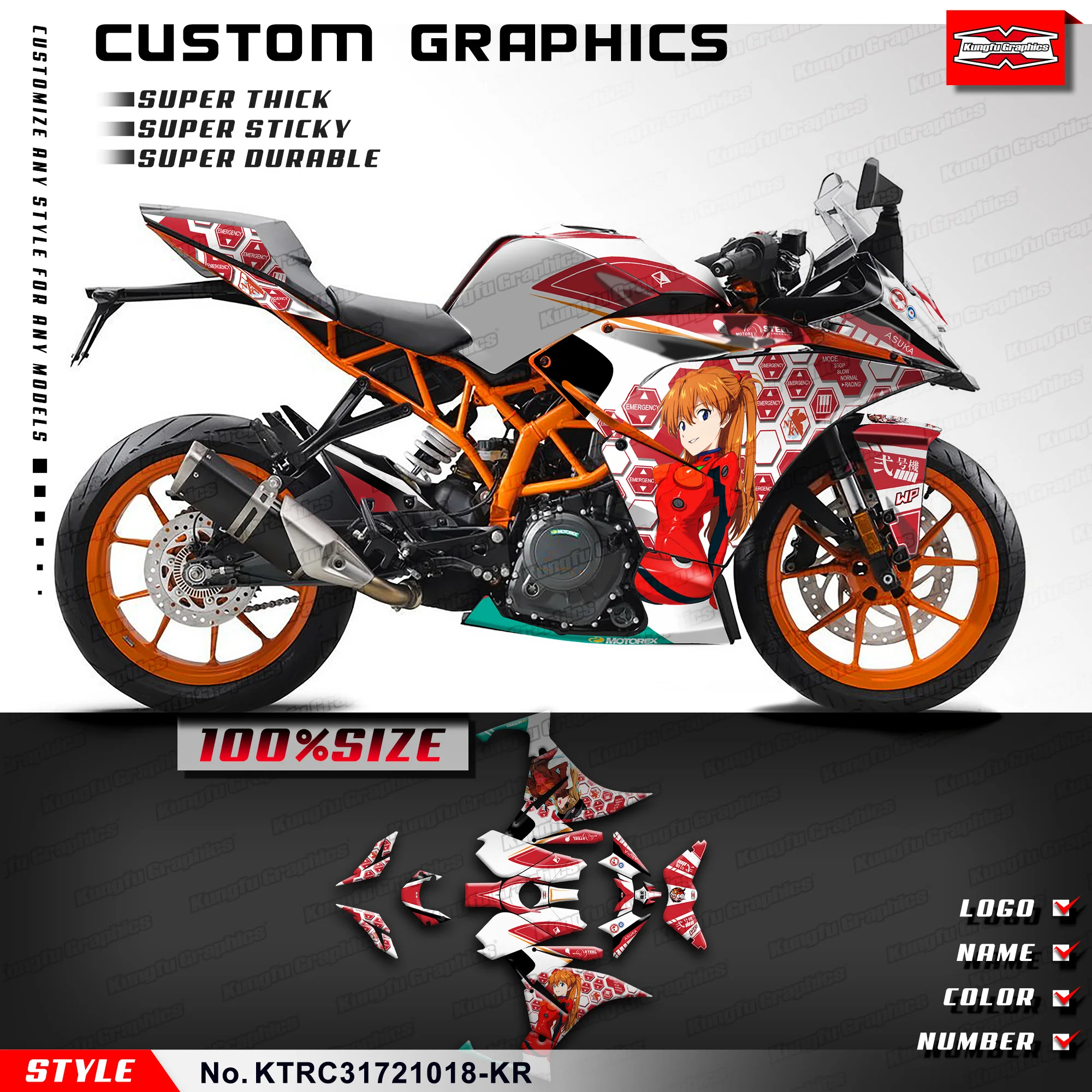 KUNGFU GRAPHICS Motorcycle Graphics Sticker Sheet for KTM RC 125 200 250 390 14 15 16 17 18 2019 2020 2021, KTRC31721018-KR