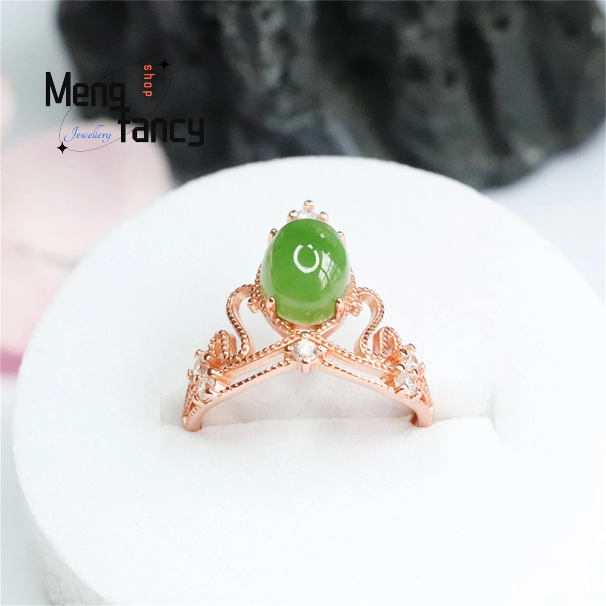 Natural S925 Silver Inlaid Hetian Jasper Egg Face Crown Ring Simple Generous Personalized Fashion Women Versatile Beauty Jewelry