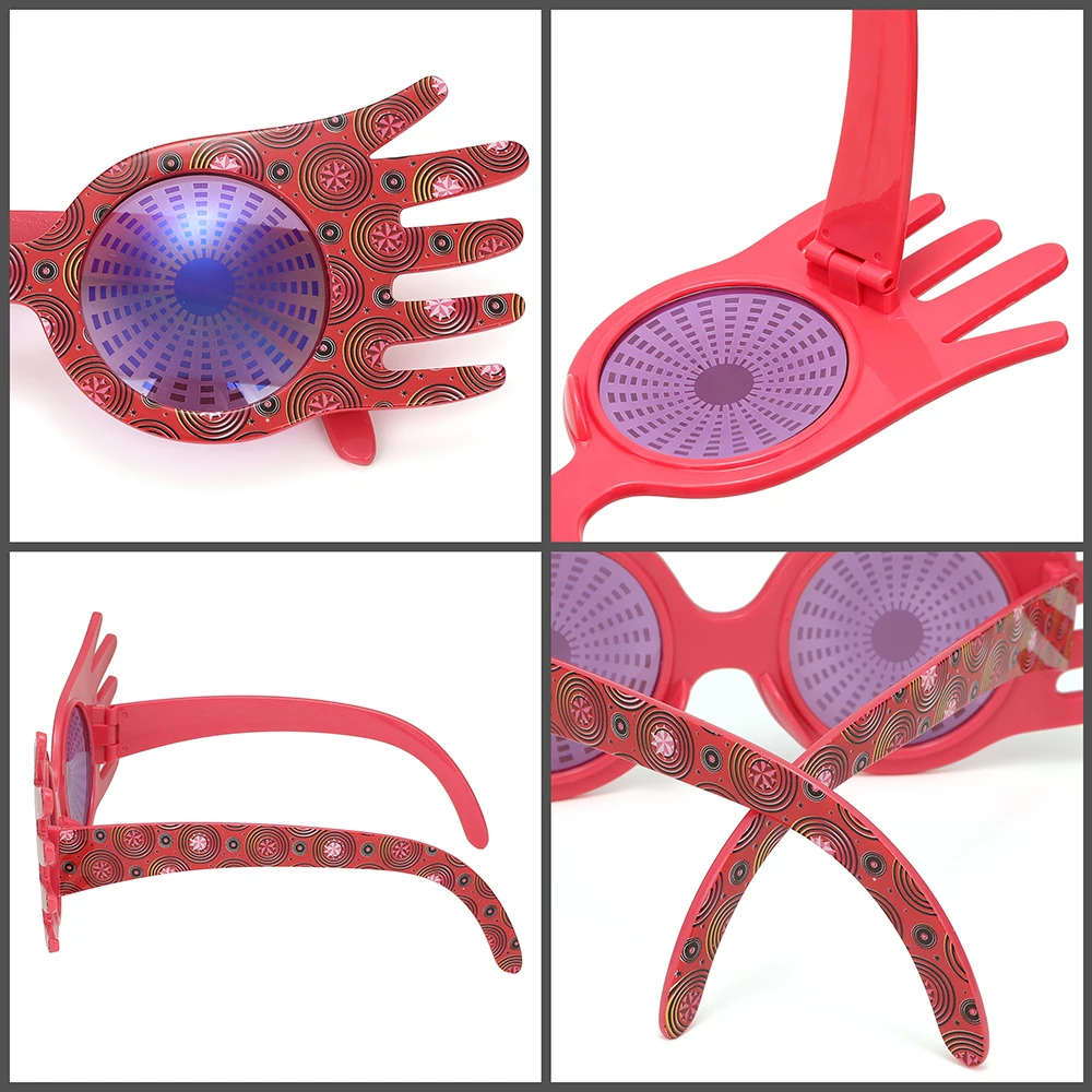 Neuartige Maskenbrille in Handform, roter, gewirbelter Druckrahmen, violette Gläser, lustige dekorative Brille für Ball, Karneval und Kostüme – Detail 3