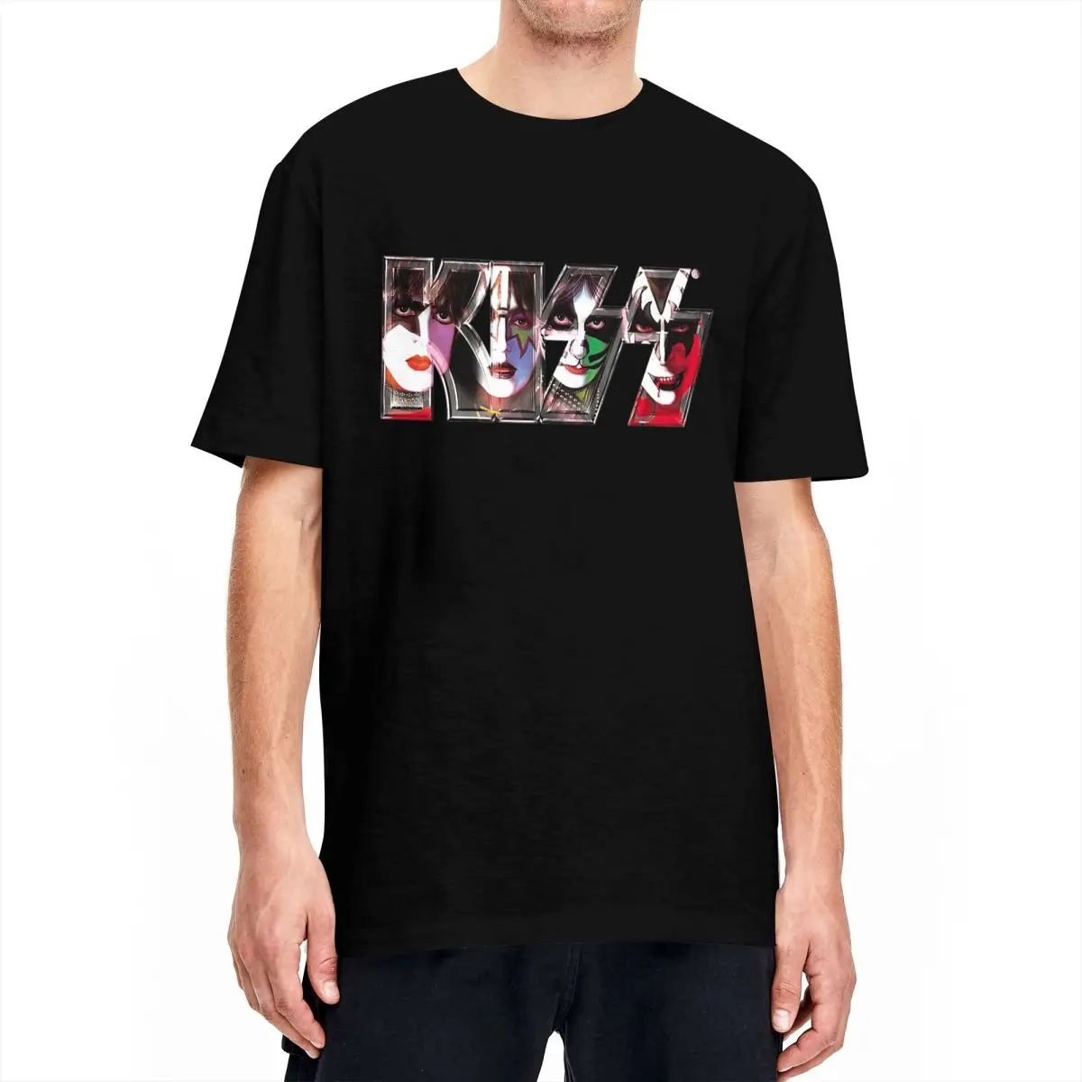 Kiss Rock Band Logo T-Shirt All Members Faces T Shirts Short-Sleeve Tshirt Beach 100% Cotton Crew Neck Plus Size 5XL Top Tees