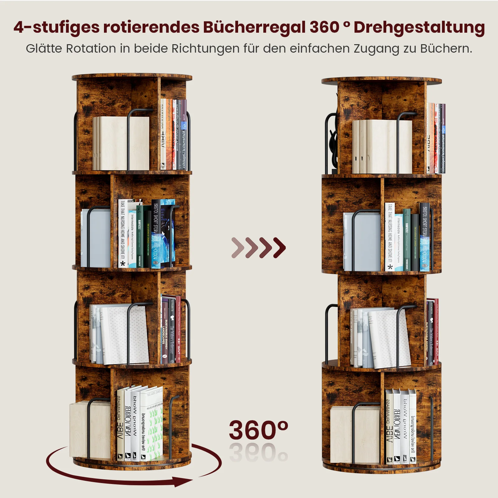 Quercia e tè 360 °   Libreria girevole in legno a 4 piani, salvaspazio e multifunzionale per ufficio, soggiorno |   Marrone