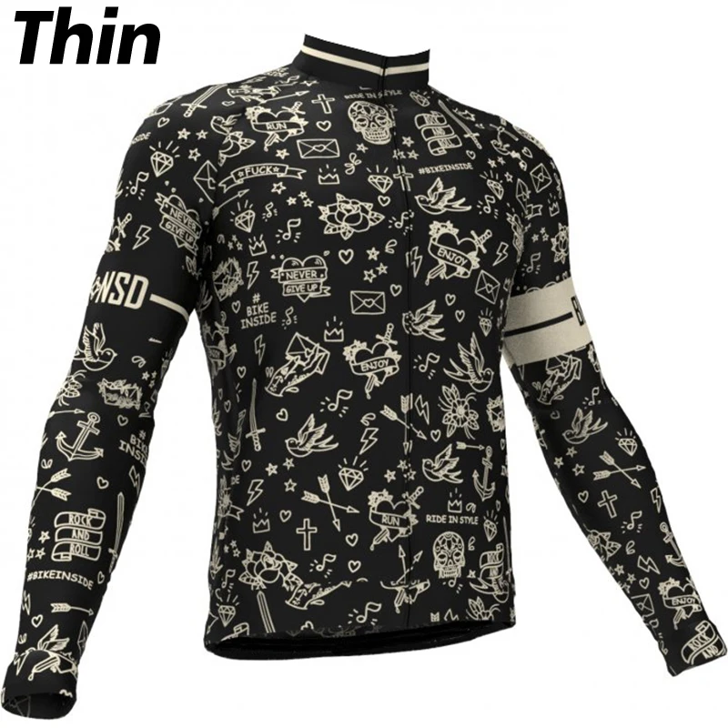 NEW Tattoo Winter Fleece Cycling Jersey Long Sleeve Black Bike Clothing Wear Thin