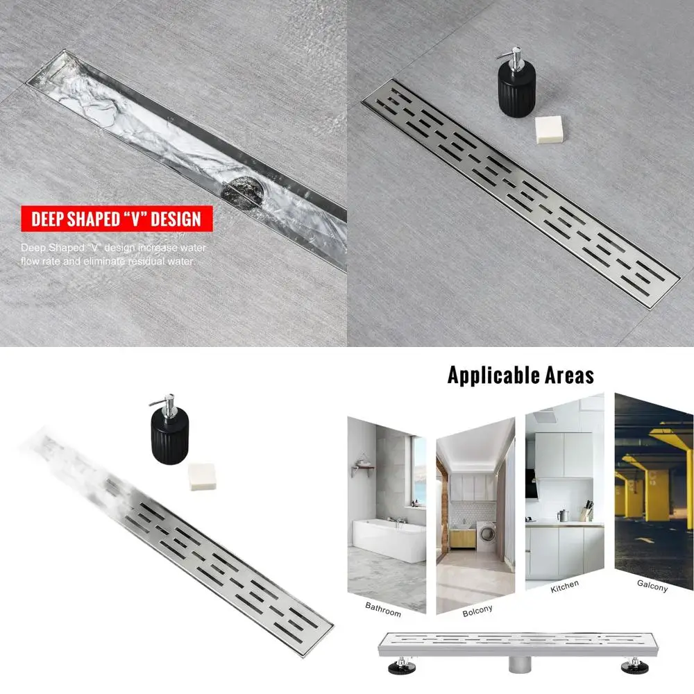

High Flow 32 Linear Shower Drain with Removable Grate, Brushed 304 Stainless Steel, Hair Strainer & Adjustable Feet