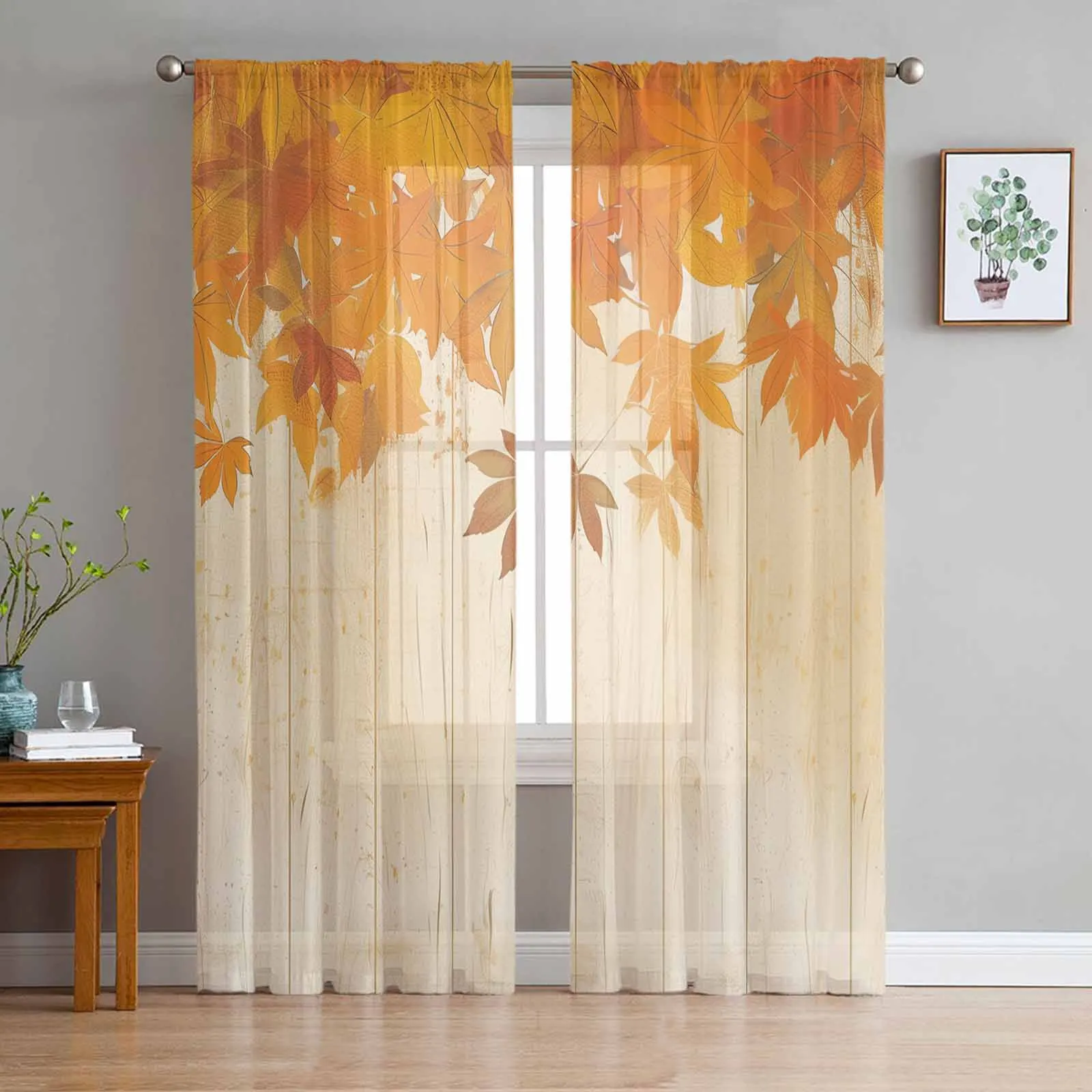 

Autumn Maple Leaf Wooden Board Tulle Curtains For Bedroom Home Decor Living Room Kitchen Voile Curtains For Blind