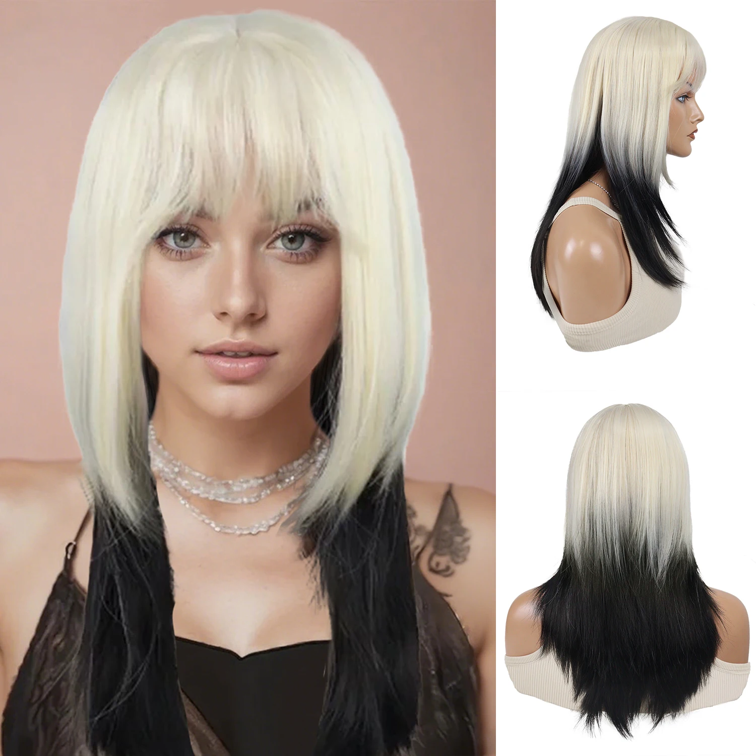 

Synthetic Full Wigs with Bangs Blonde and Black 22 Inch Long Straight Wig for Women Natural Looking Heat Resistant Daily Cosplay
