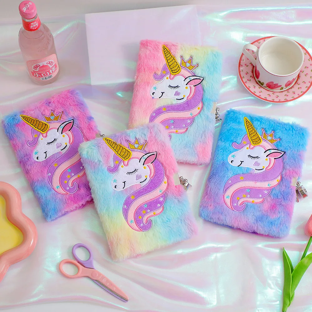 1Pcs Unicorn Diary with Lock and Key,Tie-Dye Fuzzy Journal,Hardcover Notebook,Cute Stationery Unicorn Gift for Girls