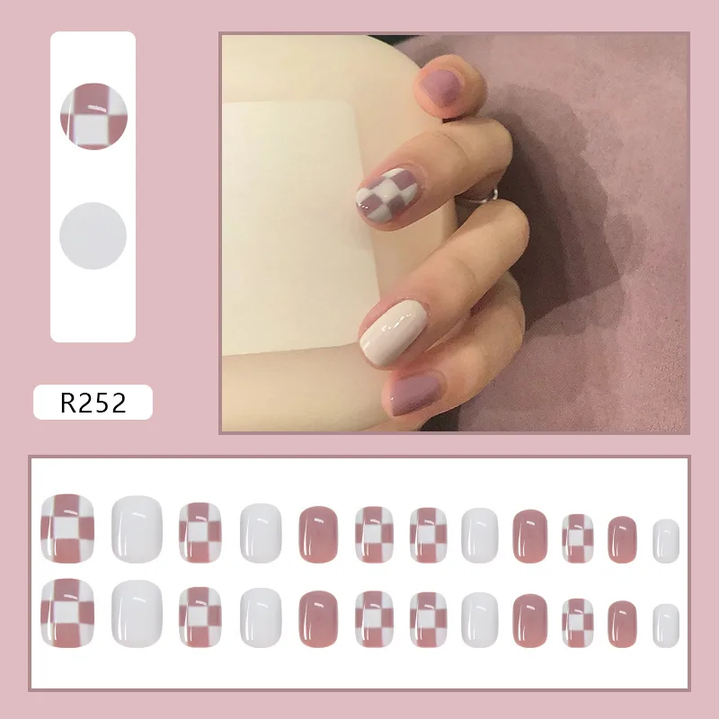 24pcs Detachable False Nails Lattice Cross Color Short Fake Nails Decal Square Level Nail Tips With Wearing Tools