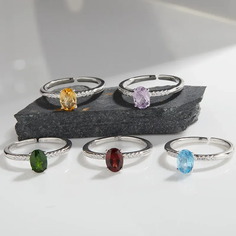 Niche design S925 sterling silver natural topaz garnet citrine colored treasure ring women's fashion Douyin explosion