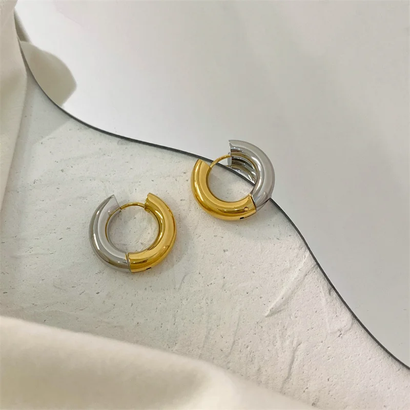 Metal With Two-color Splicing Hoop Earrings Titanium Steel Gold Color Plated Women Circle Huggie Earrings Jewelry Gift 2023