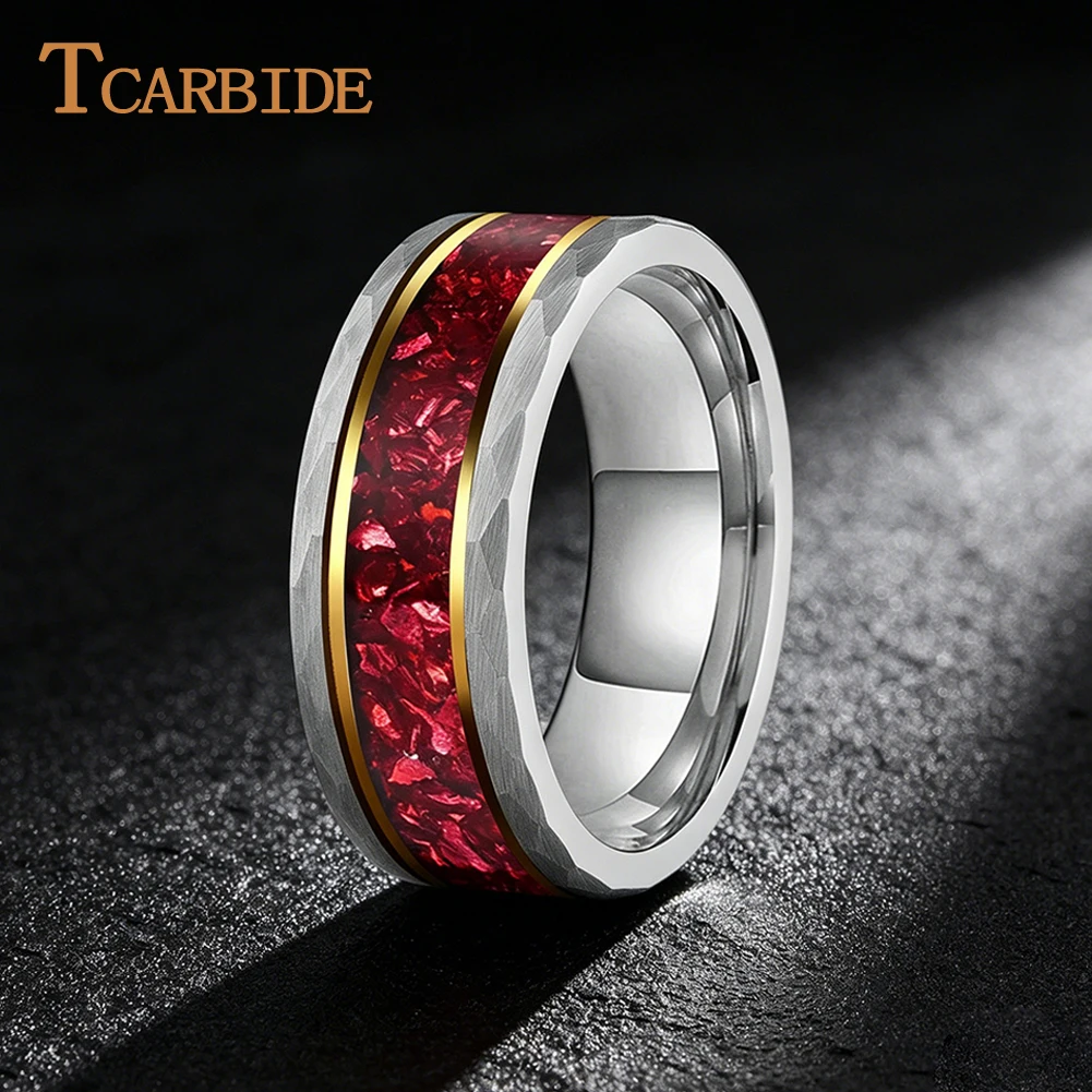 TCarbide 8mm Beautiful Red Color Crystal Stone Inlay Wedding Band Men Women Tungsten Hammer Ring Comfort Fit
