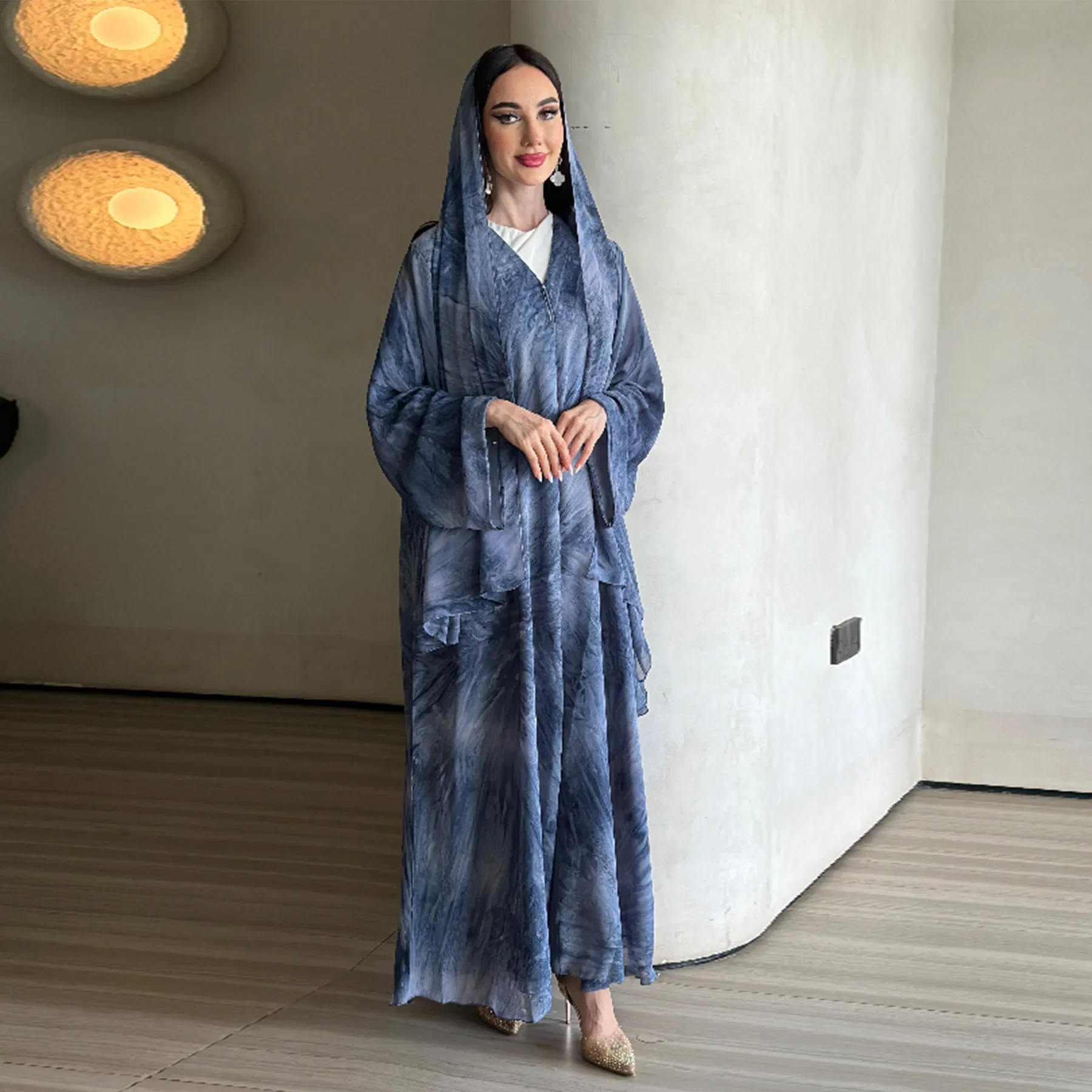 

Wholesale Muslim Abaya Hijab Set Ethnic Turkish Modest Kaftan Kimono Elegant Bat Sleeve Shining Muslim Dress Dubai Abayas Suit