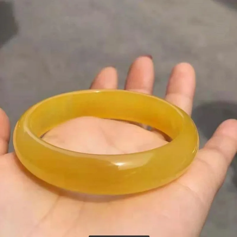 Ice chicken oil medium-width flat agate chalcedony   yellow jade bracelet