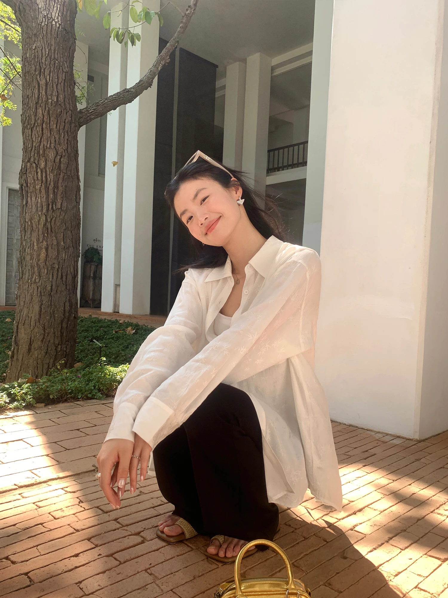 Pusumede Chinese Style Long Sleeve Women's Shirt Thin Back Hollow out Sun Protection Slim Fit Shirt Collar Stand Neck Summer