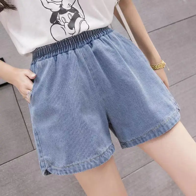 2024 New Elastic High Waist Women Summer Fashion Casual Solid Color Detachable Pockets Ruched Wide Leg Safari Style Denim Shorts