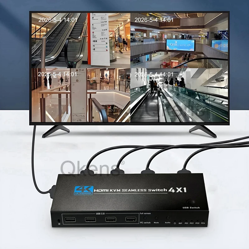 

4K HDMI KVM Seamless Switch 4x1 Quad Multi Viewer 4 in 1 Out 4 Channel Video Multiplexer , 4 PC Share Mouse Keyboard USB U Disk