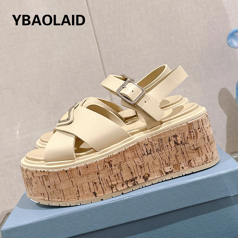 

Cross Design rubber Women Sandals Wood Grain Wedges Heels Shoes Buckle Strap Platform Flats Height Increased Gladiator Sandals