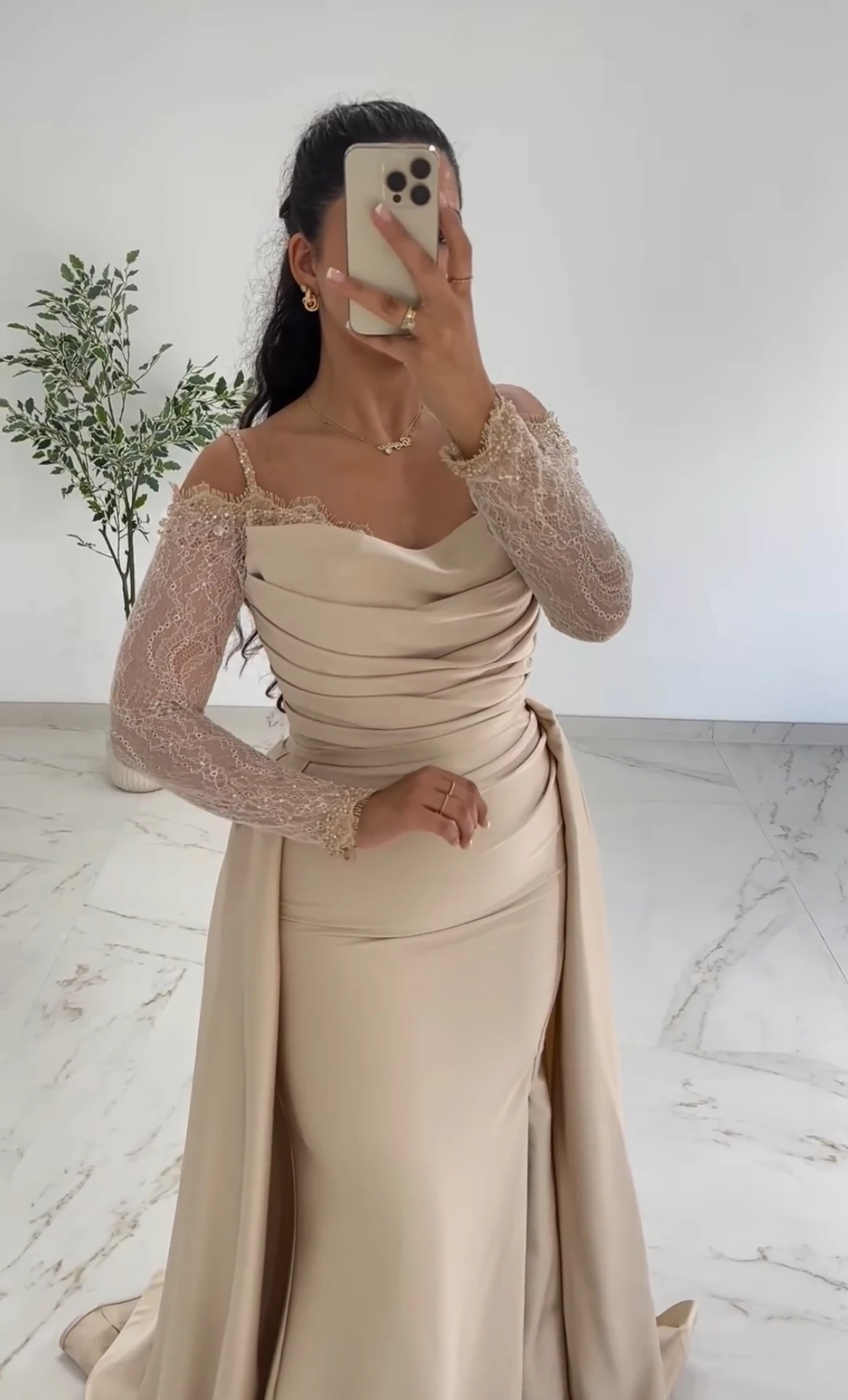 

Eightale Arabic Evening Dress Off the Shoulder Sequin Lace Chamapgne Customized Satin Mermaid Prom Wedding Party Gowns