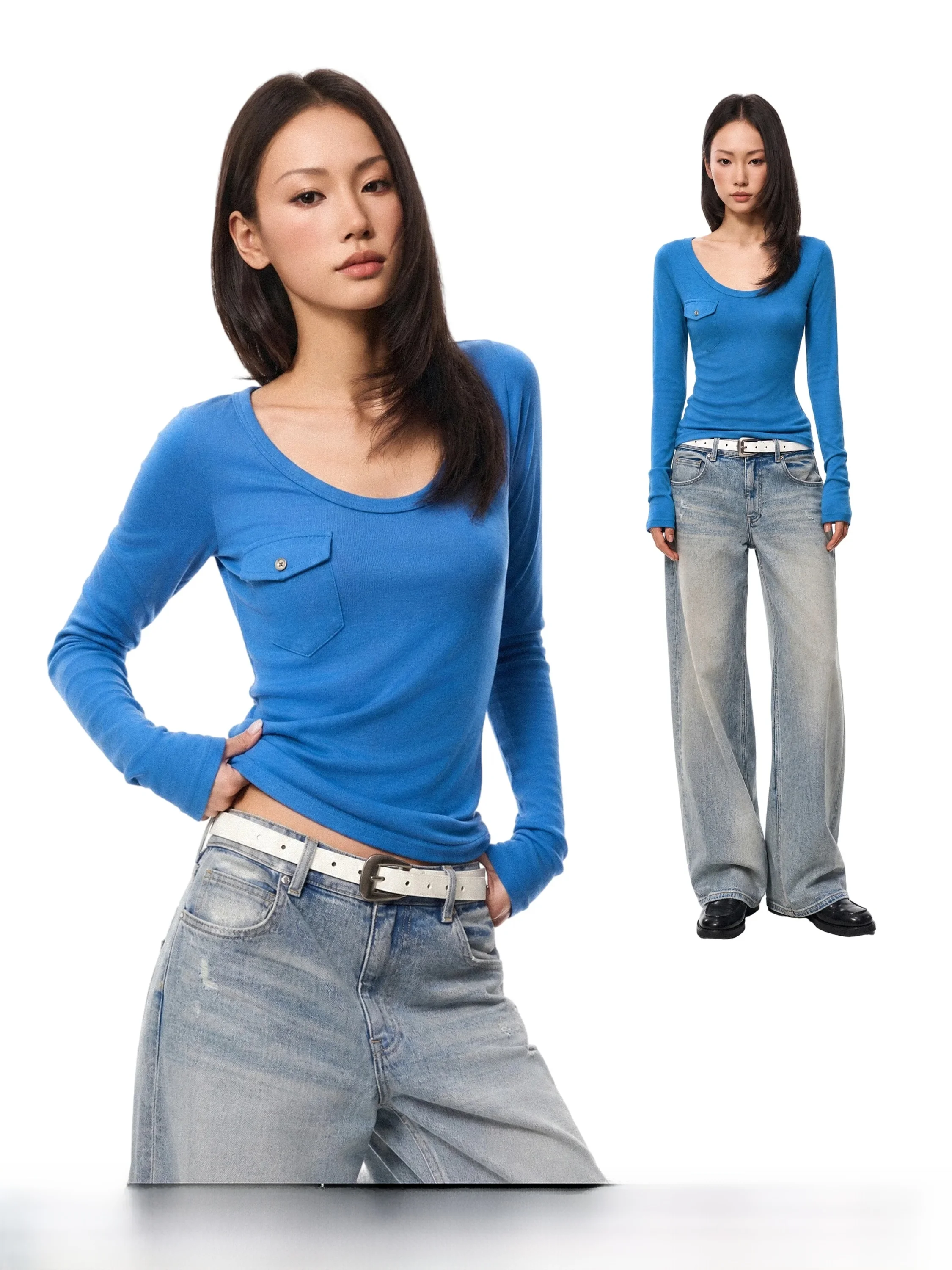GoGo Burn American Style Long Sleeve Knitted round Neck T-Shirt Women's Slim Fit Casual Style Autumn New Arrival Top