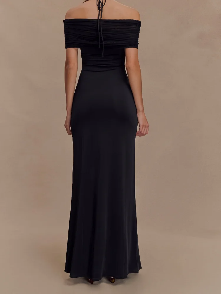 

Elegant Off Shoulder Maxi Dress For Women Boat Neck Backless Lace Up Long Robes Solid Party Vestidos 2026 New Lady Dresses