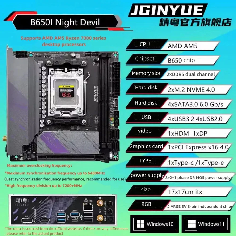 JGINYUE B650 ITX Motherboard Set AM5 Ryzen 7000 Series CPU DDR5 6000MHz Dual Channel Memory RAM B650i Night Devil Gaming ITX Kit