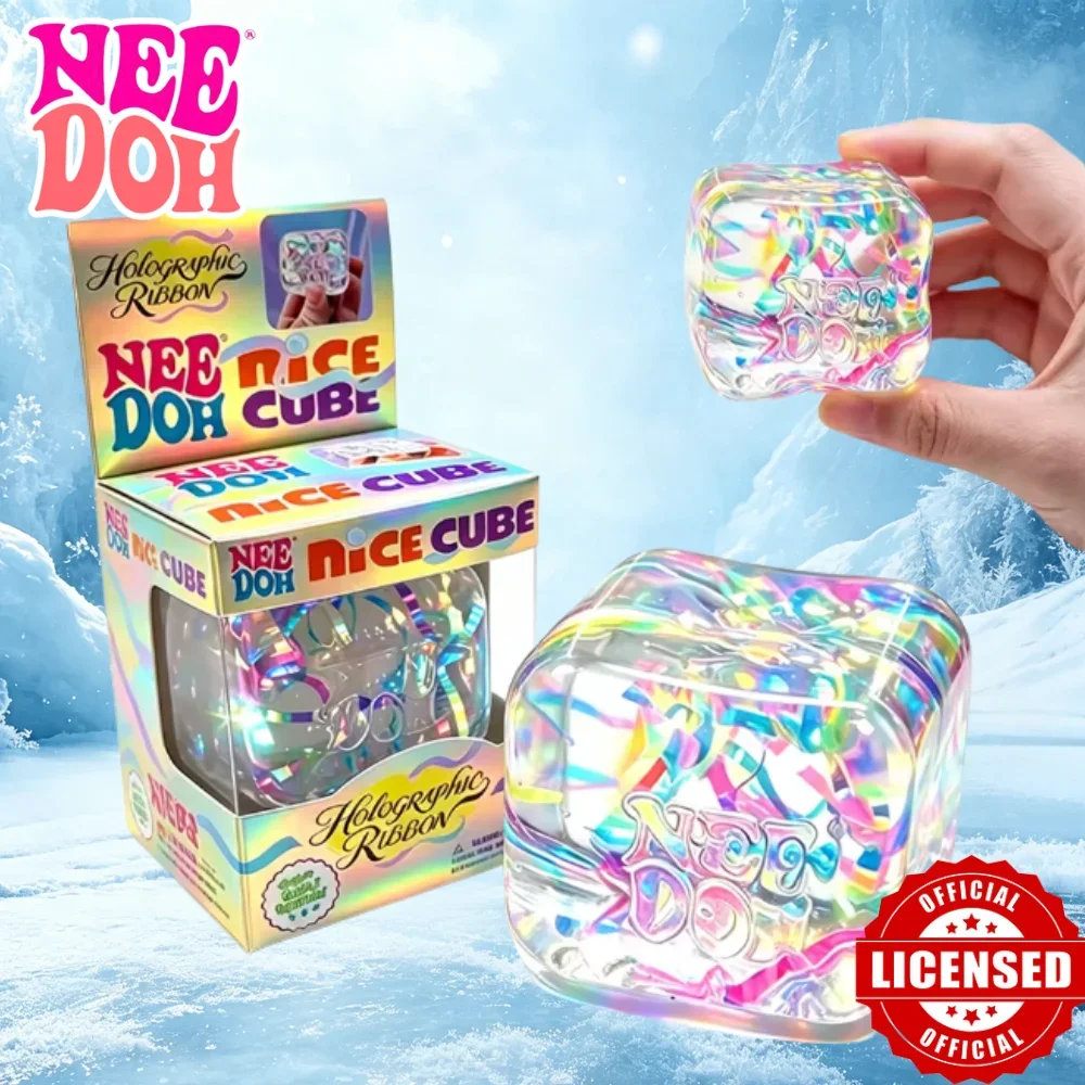 NeeDoh Play Nice Cube Holographic Ribbon Squishy Fidget Toy Transparent Rainbow Streamer Squeeze & Relax Stress Relief Hand Toy
