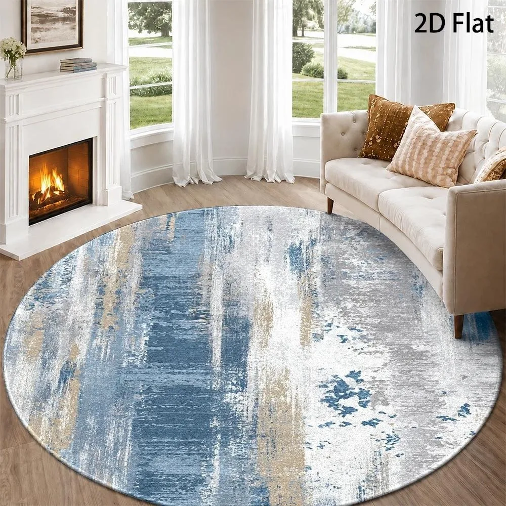Blue Gold Marble Round Carpet Abstract Fluid Watercolor Metallic Gold Vein Textured Print Circular Floor Rug for Living Room