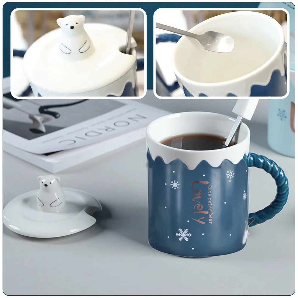 

1Set Ceramic Polar Bear Mug Cute Cartoon Style Drinking Cup for Hot Chocolate Water Coffee with Lid Spoon Polar Bear Cup