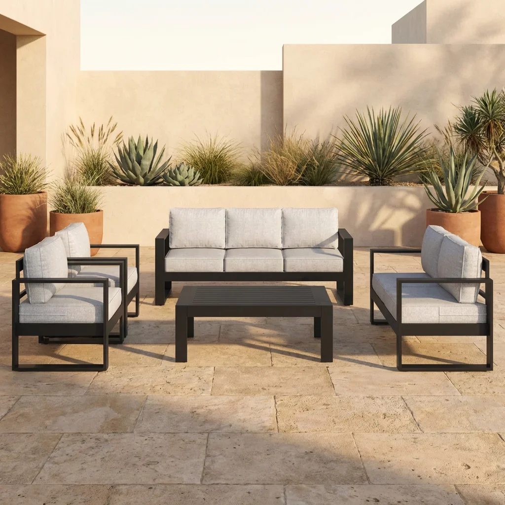 현대적인 고급 야외 소파 세트, 블랙 알루미늄 프레임, - Outdoor Furniture Luxury 리뷰 및 가격