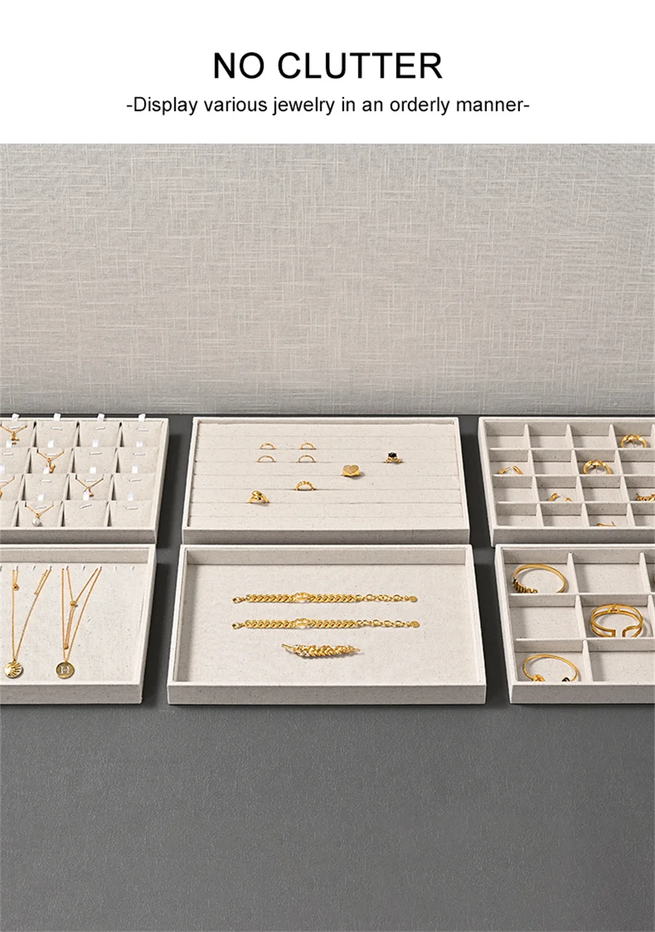 Oirlv Schmuck-Display-Tabletts, stapelbare Schmuck-Organizer-Tabletts, Leinen-Display-Box für Ringe, Ohrringe, Halsketten, Schubladenorganisation – Detail 3