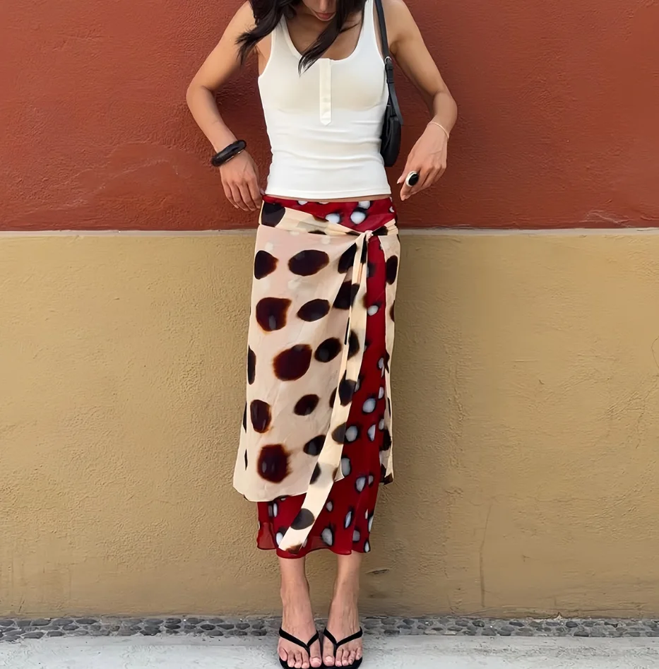 Women Leopard Print Midi Skirt Wrap Skirt Asymmetrical Hem Red Polka Dot Patchwork Summer Casual Y2K