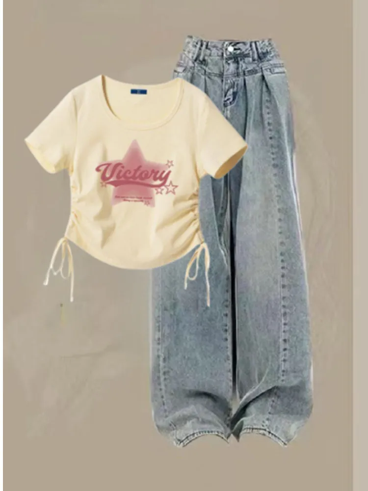 Sweet and Cool Summer Women\'s Set Drawstring Short Sleeved T-shirt+High Waist American Vintage Jeans Two Piece Set Fashion