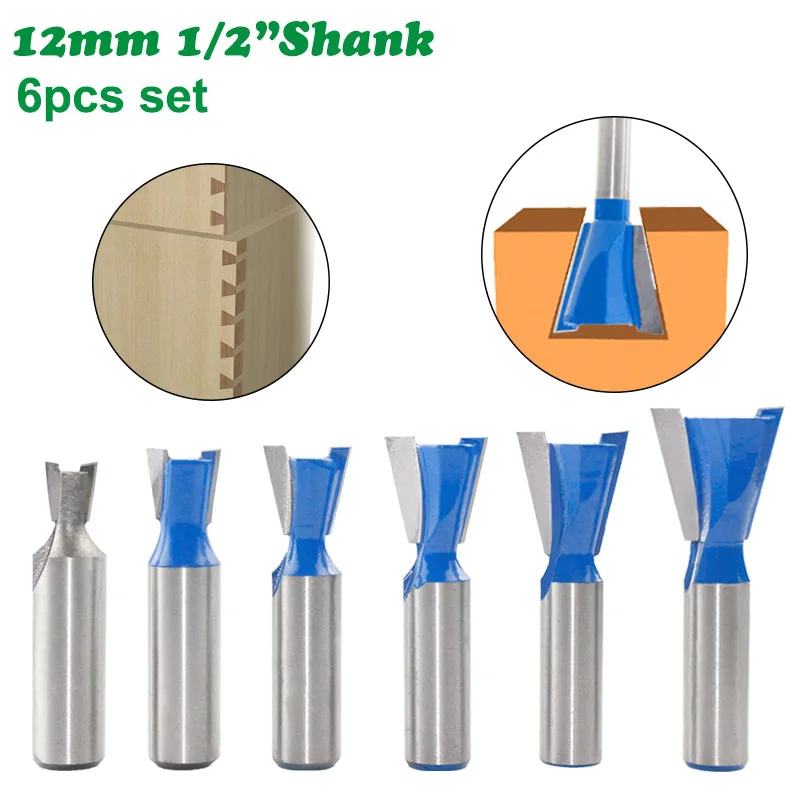 10PC/Set 1/2" 12.7MM 12MM Shank Milling Cutter Wood Carving Dovetail Joint Router Bit 14 Degree Woodworking Engraving Bit Cutter