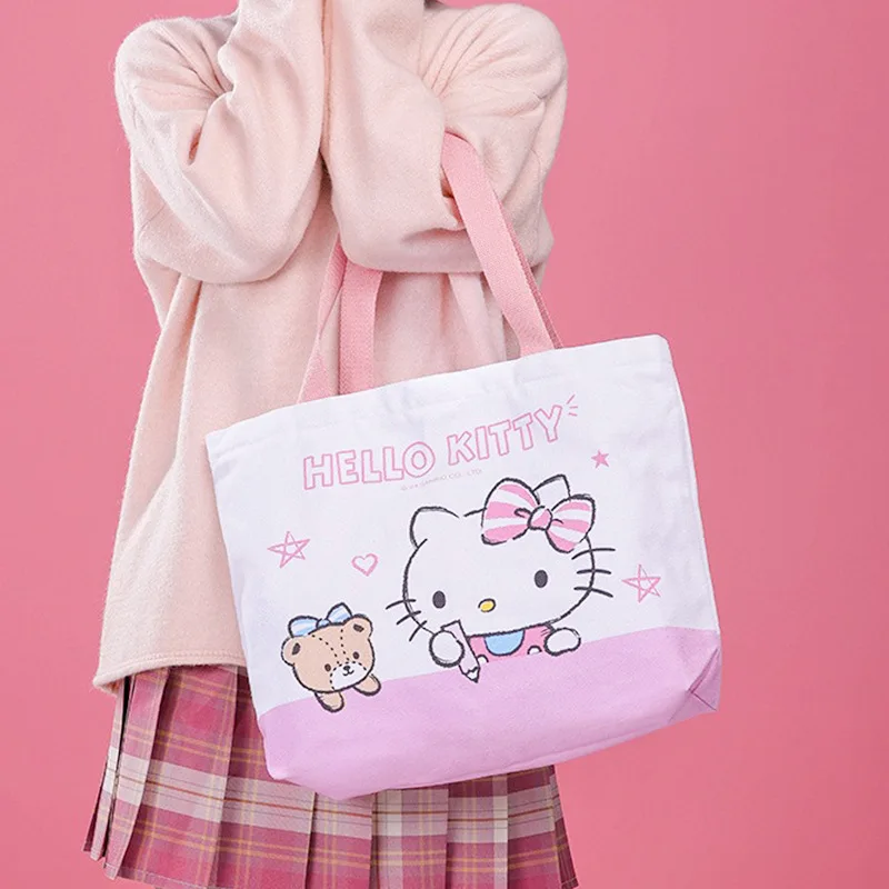 Hello Kitty Cute Cartoon Print Shopping Canvas Tote Bag for Students Women Y2k Street Handbag No inner pocket Cross-Body Bag