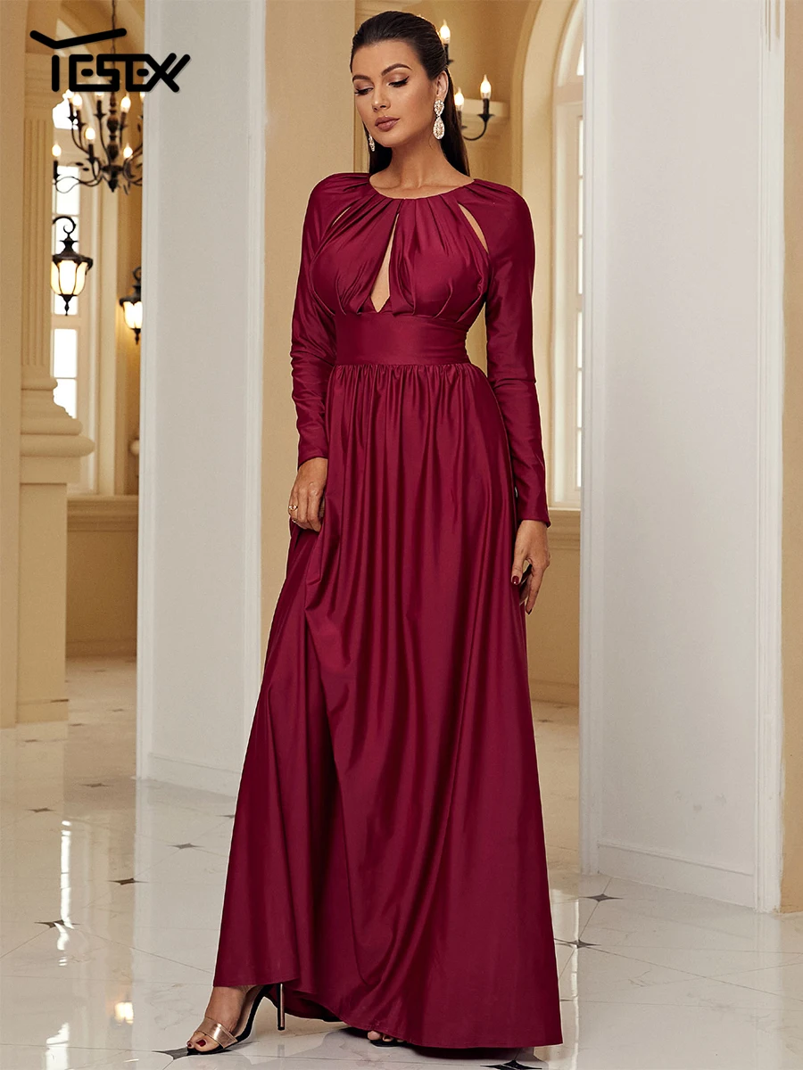 Yesexy Winter Burgundy plisowane wycięcie z długim rękawem eleganckie sukienki Maxi na wieczorową suknię ślubną