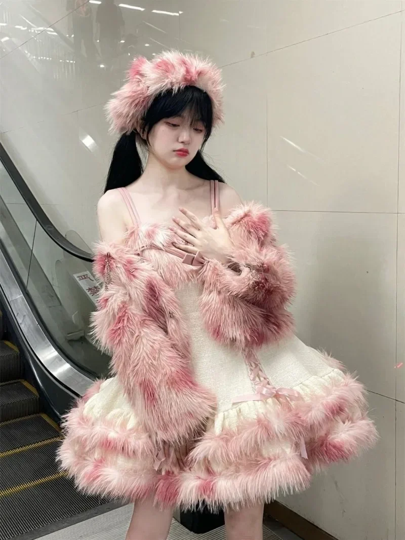 Japanese Sweet Lolita Plush Fur Short Coat Pink Dress Two-piece Suit Female Winter Top Jacket Kawaii Slim Fit Vestidos De Mujer