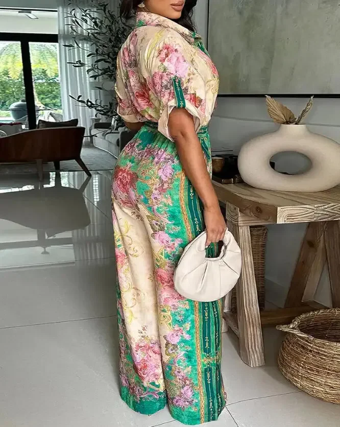 Vintage Floral Print Turn-Down Collar Roll Up Sleeve Button Overalls Casual Drawstring Stretchy Waist Wide Leg Vacation Jumpsuit