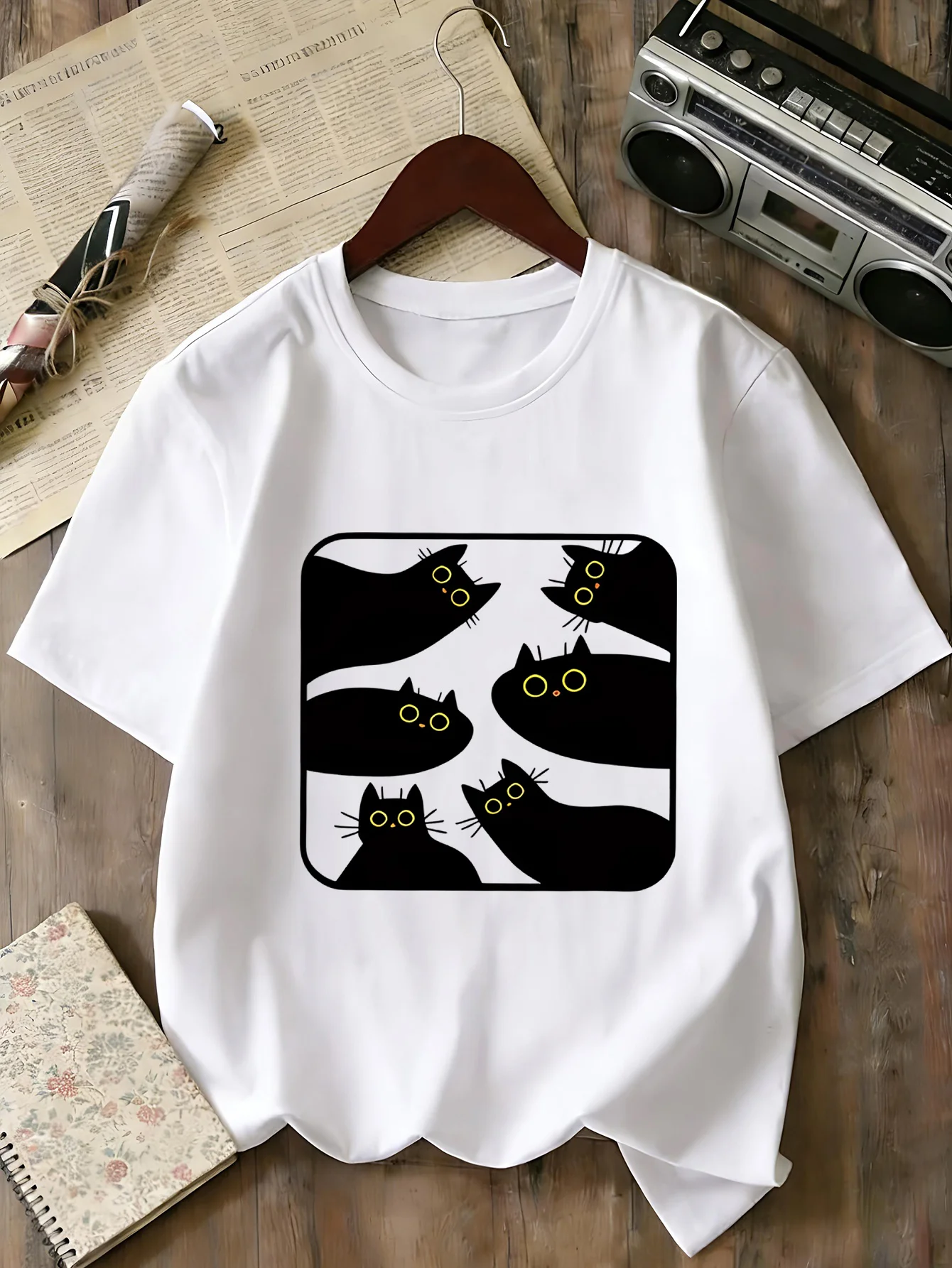 Boys Girls Family Matching Tee Minimal Black Cat Group Illustration Print Short Sleeve Soft Cotton Kids Daily Outdoor Outfit